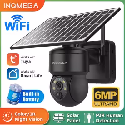Telecamera di sicurezza CCTV INQMEGA Tuya Smart Life 6MP a energia solare, WiFi, PTZ e PTZ.