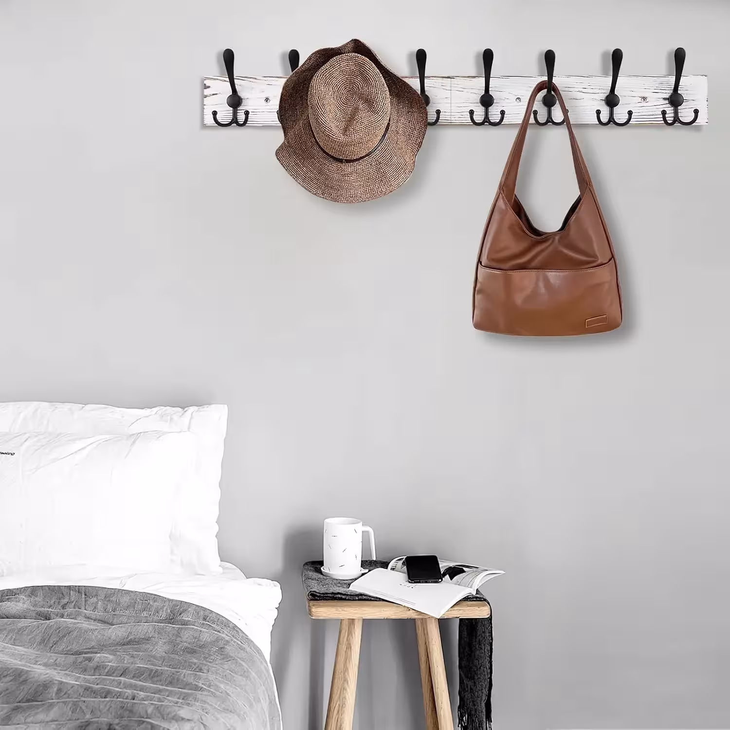 Wall-mounted coat rack with hooks