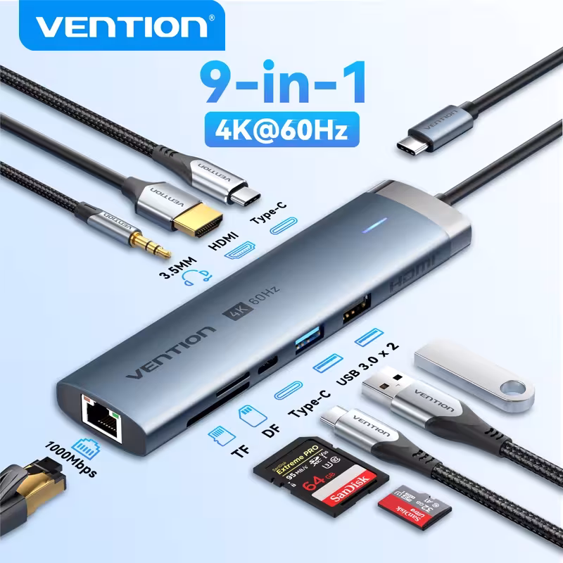 Adaptateur Vention USB C 9 en 1 HDMI 4K 60Hz, PD 100W, RJ45, station d'accueil pour MacBook et iPad