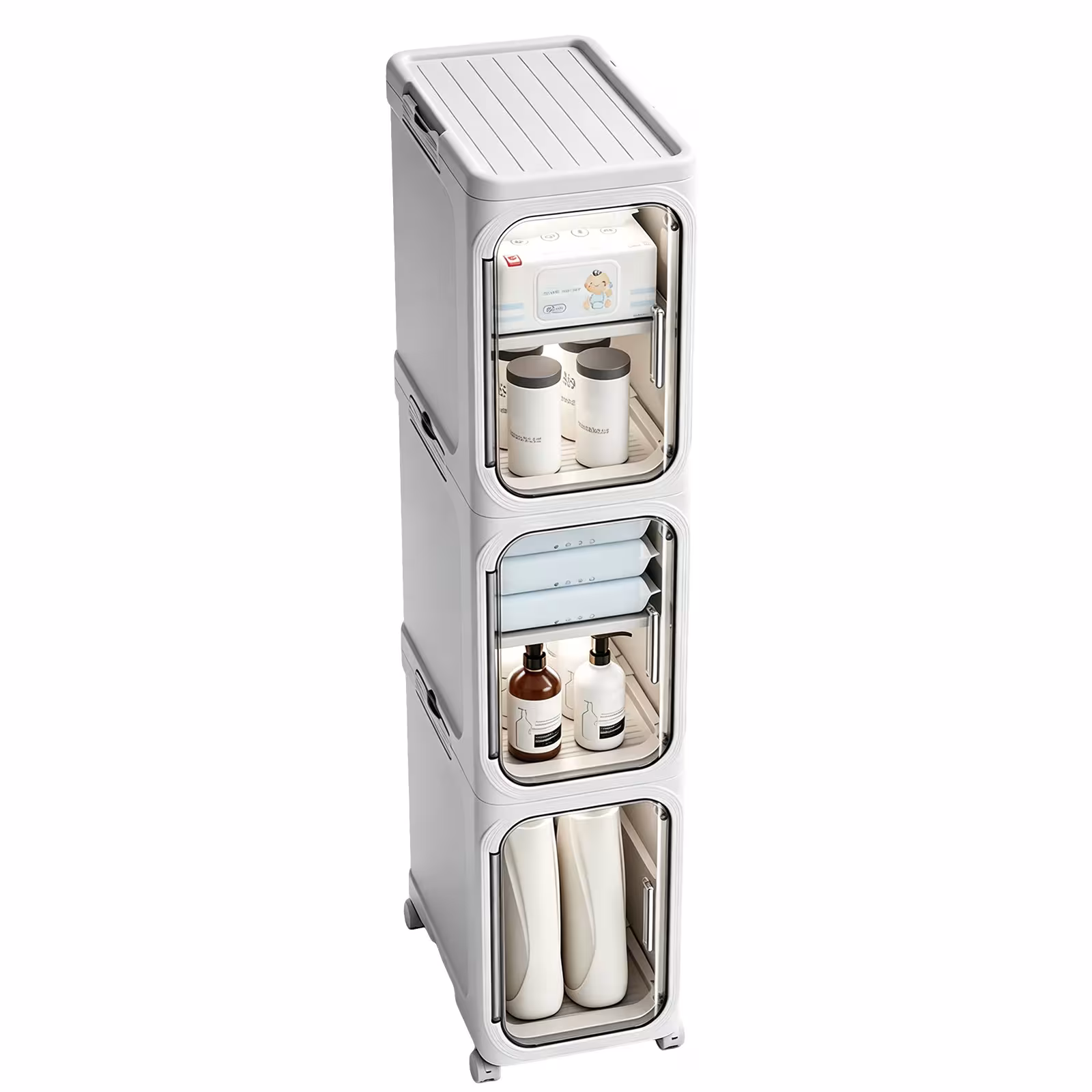 Narrow foldable plastic storage cabinet for the bathroom with lockable doors, 3 shelves, 34x21x97 cm