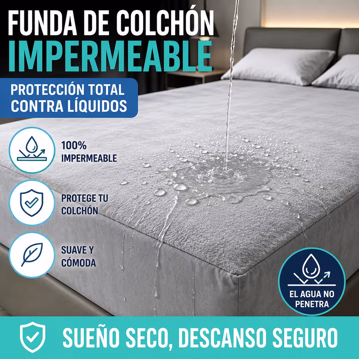 Funda de colchón impermeable, gris, suave de felpa, tamaños 90×200-150×200 cm