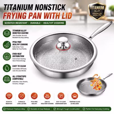 Titanium alloy frying pan with lid, non-stick, scratch-resistant, suitable for induction cooktops