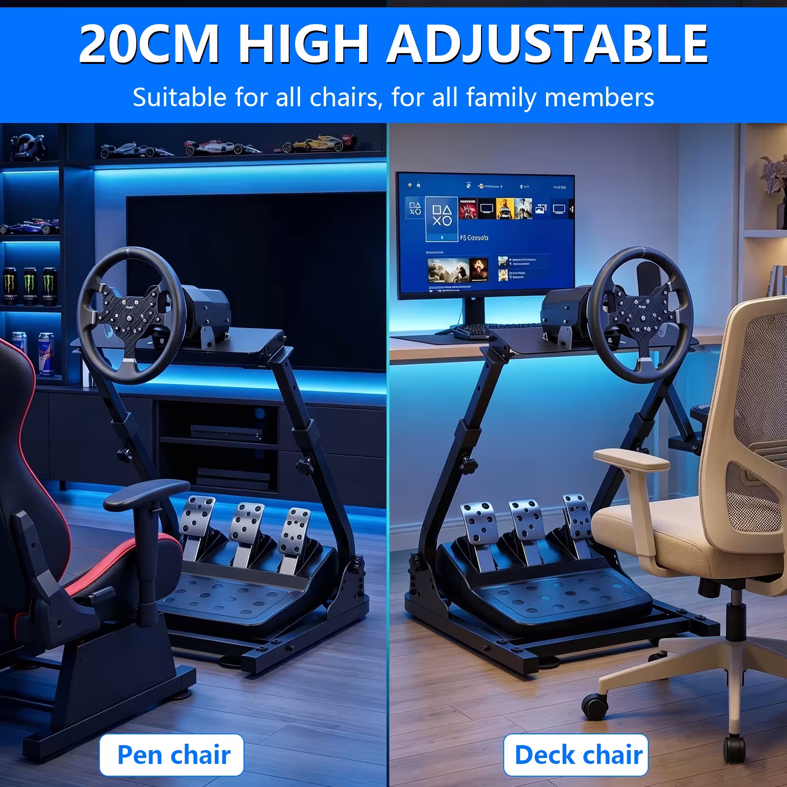 Support pliable pour volant de simulation, réglable en hauteur et en angle, en acier.