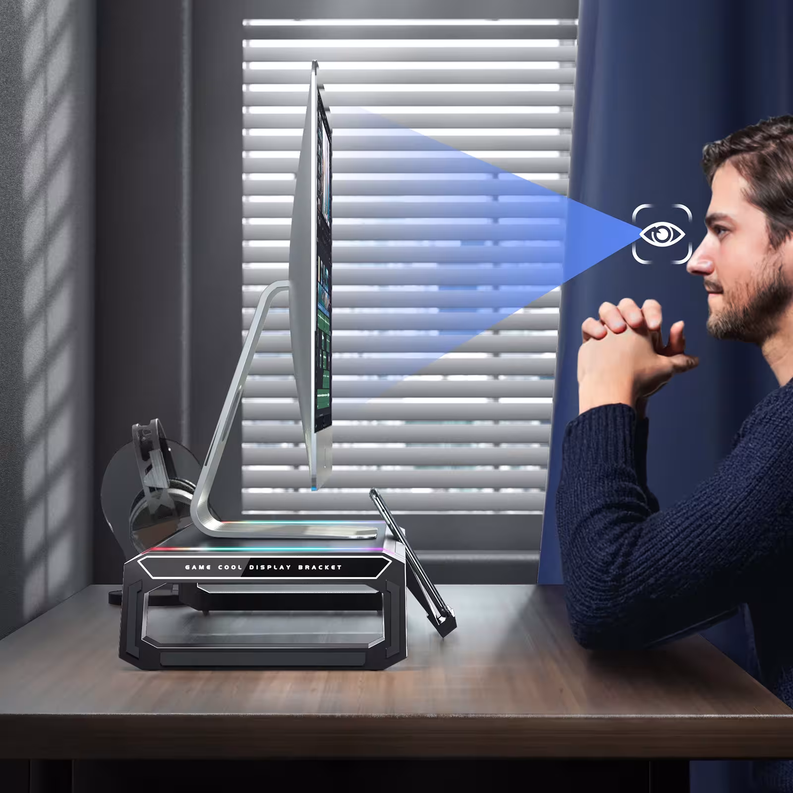 Supporto monitor RGB pieghevole con hub USB, cassetto e supporto per telefono