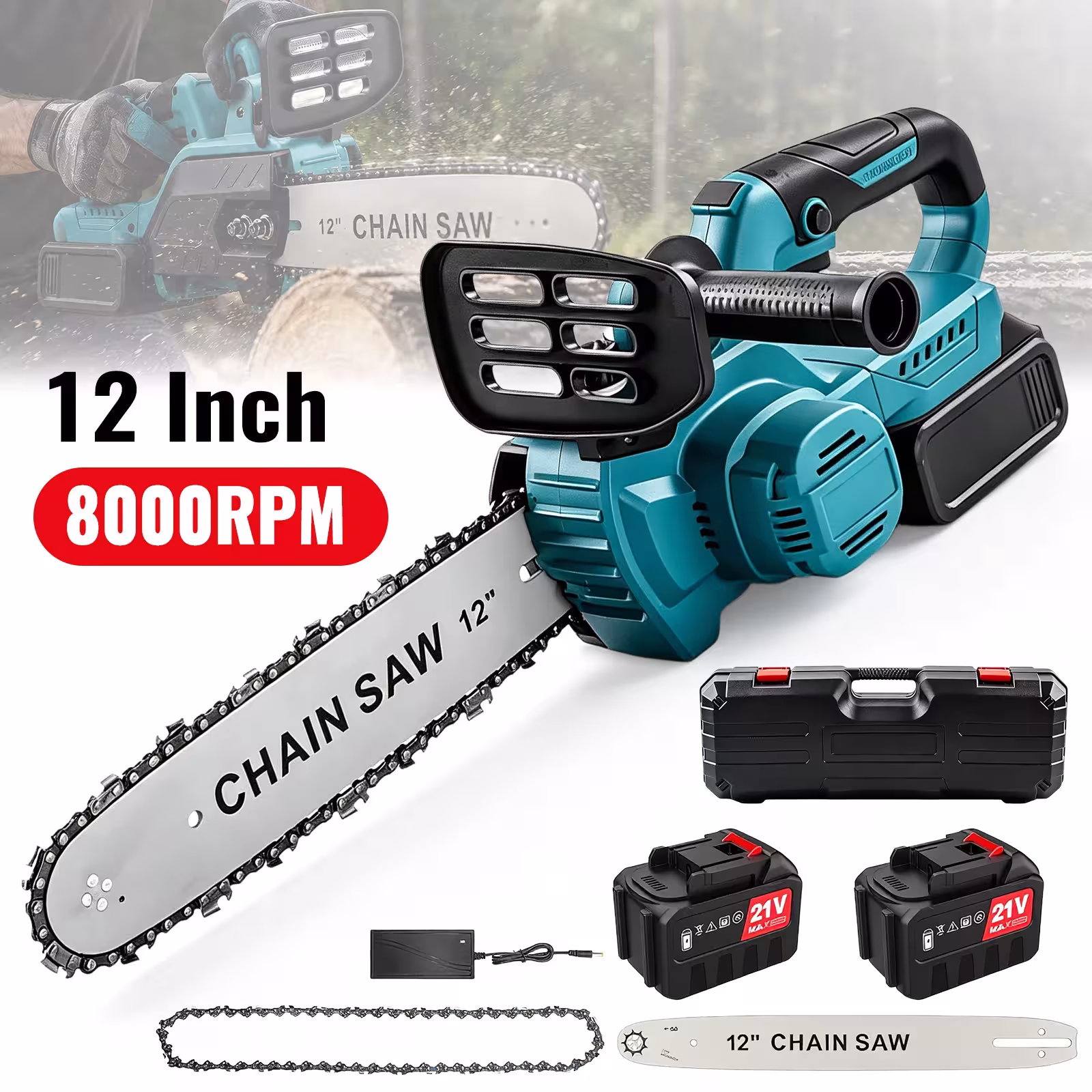 Motosega a catena senza fili da 12 pollici e 1500W con batteria al litio, per tagliare legno e rami