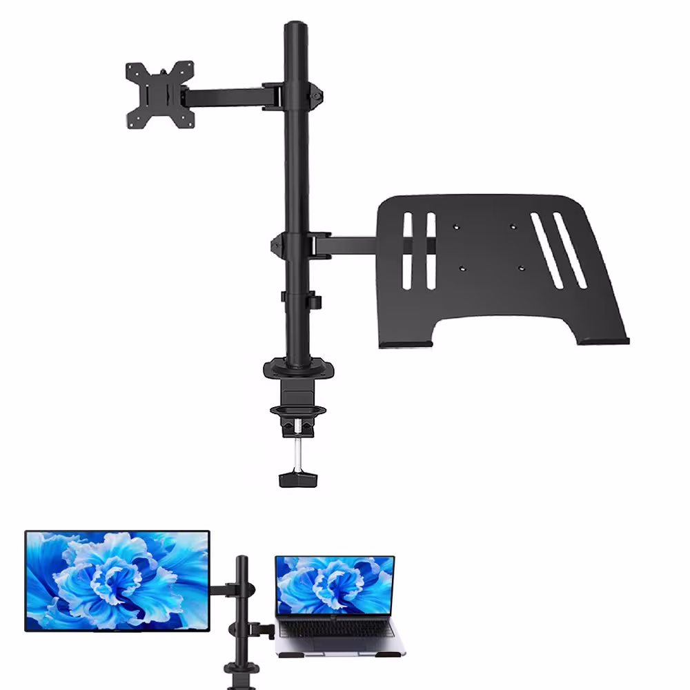 Monitor stand 13-27 inches, swivels 90°, mounts to the desk