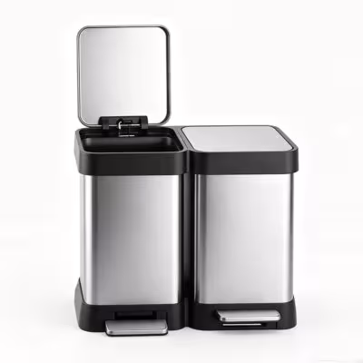 Dual-Compartment Kitchen Trash Can & Recycling Bin, 40L Step Stainless Steel, Hands-Free Double Lids, 20L+20L Wet/Dry Separation, Fingerprint Resistant 1