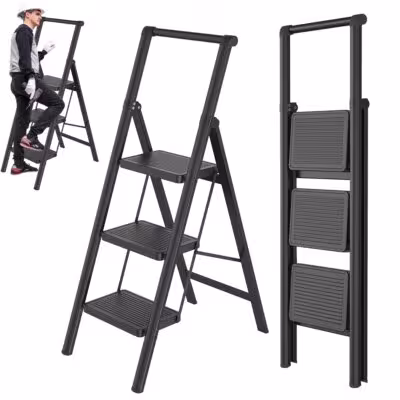 3 Step Multi-Purpose Folding Step Ladder Anti-slip Wide Pedal 330lbs Carbon Steel Step Ladder Storage Shelf Flower Pot Stand 1