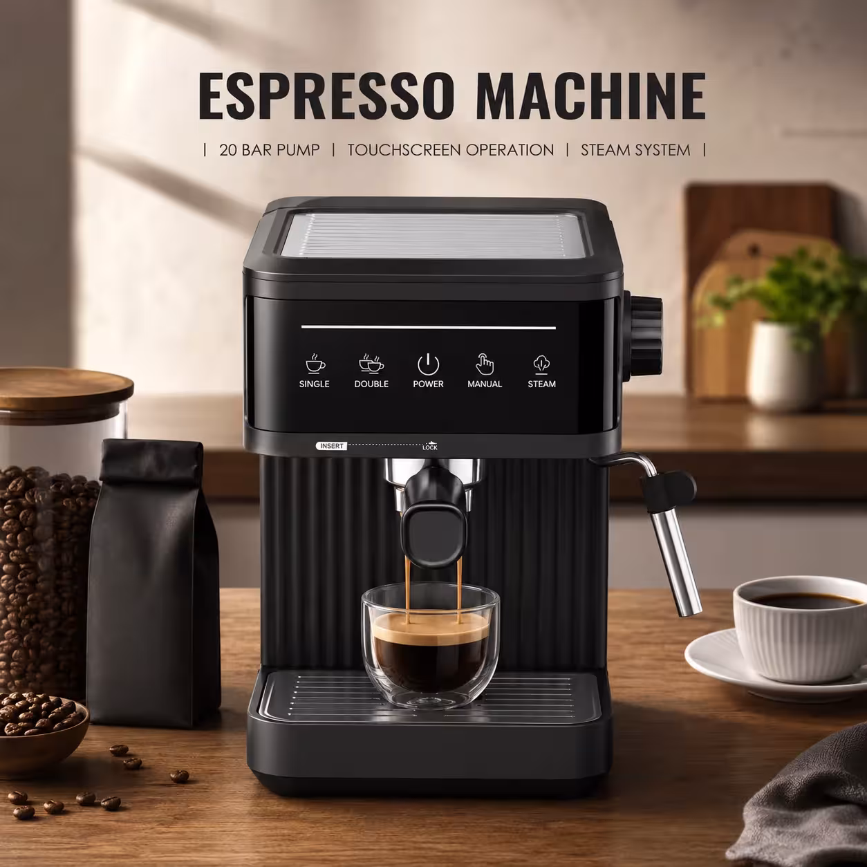 Professional espresso machine, 20 bar, touch screen, milk frother, cup warmer, 1.8L
