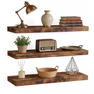 3 wall shelves, retro brown color, MDF with steel mounting, 15x40 cm