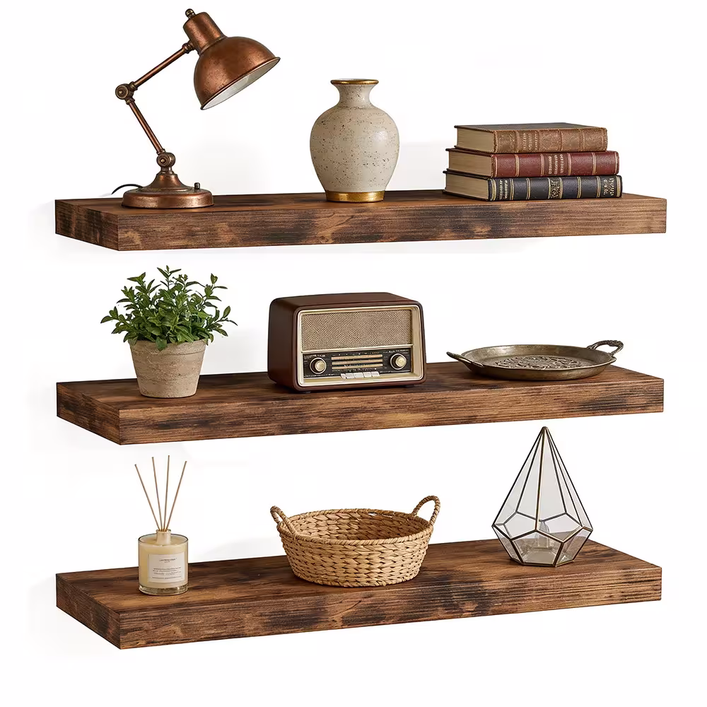 3 pieces of wall shelves, retro brown color, MDF with steel mounting, 15×40 cm