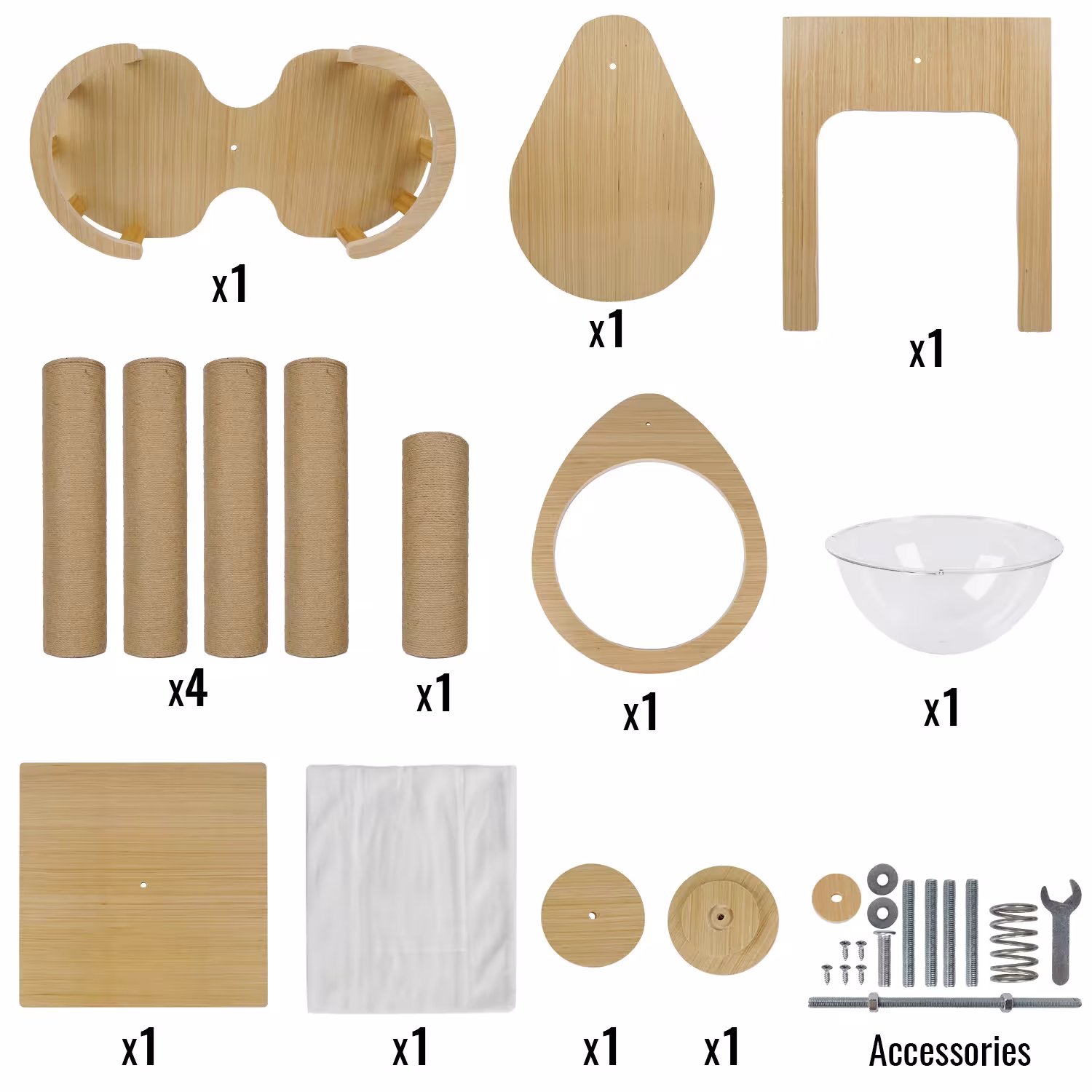 Reguliuojamas 255-265cm draskyklė medinis katės bokštas su erdvėlaivio guoliu ir sizalio stulpais