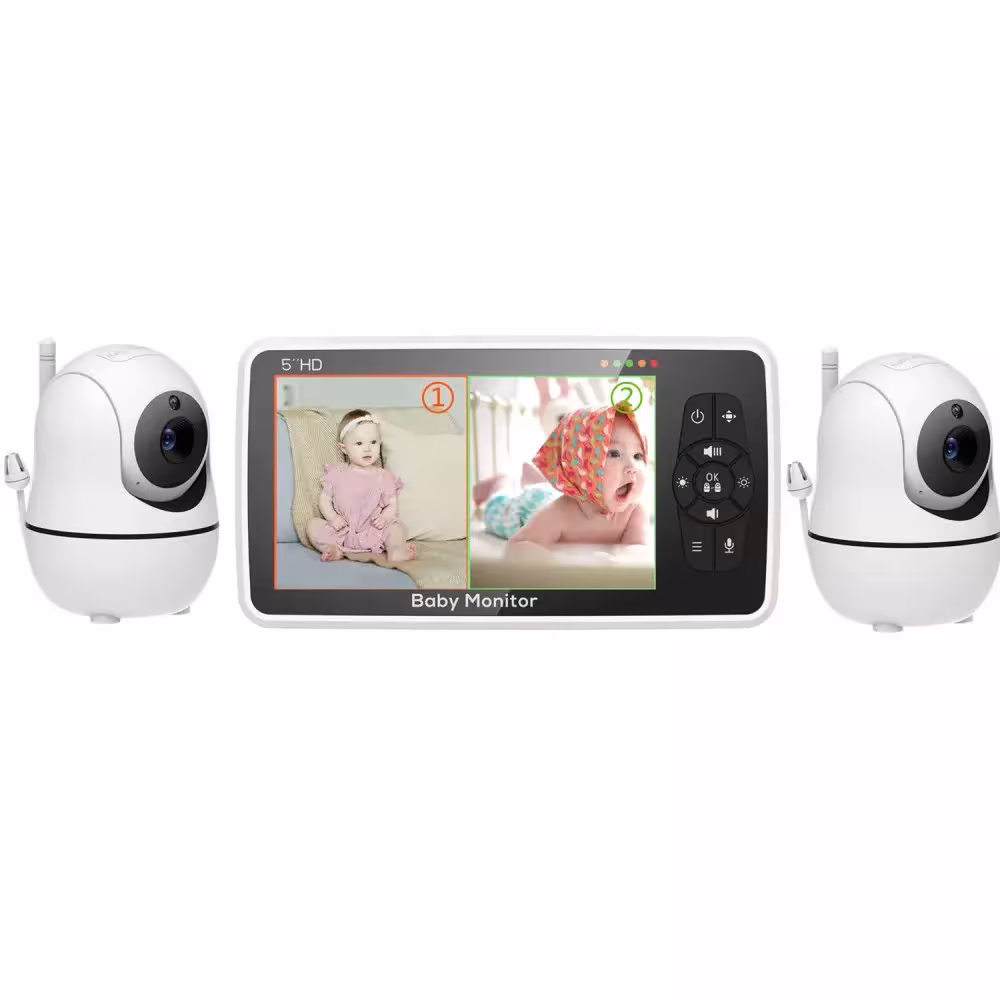Monitor per bambini da 5 pollici con 2 telecamere, visione notturna e zoom 4x