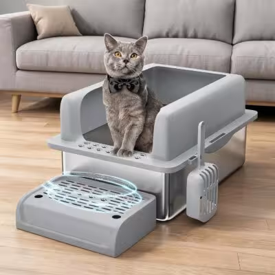 GarveeHome XXL Stainless Steel Cat Litter Box, Deep Anti-Spill Litter Tray with 20cm High Sides, Step Platform & Litter Scoop, Easy Clean Non-Stick Cat Toilet for Large Cats & Multi-Cat Families 1