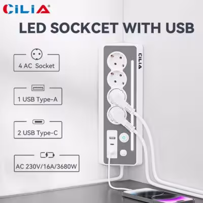 CILIA Elettrica 90° 4 Prese Schuko,2 Type-C +1 USB, Protezione Sovratensioni, LED, On/Off, 3680W 16A, Cavo 1.5m, for Home 1