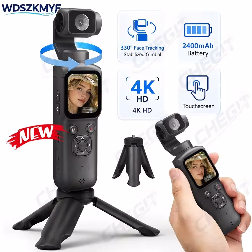 Cámara de acción 4K de bolsillo con estabilizador de seguimiento facial de 330° y pantalla táctil de 1.72 pulgadas