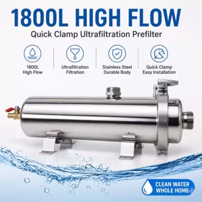 Whole House 1800L/H UF Water Filter 0.01μm Stainless Steel Washable PVDF Membrane Purifier，No Power Needed，Easy Detachable 1