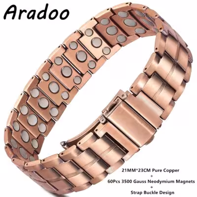 Bracciale magnetico in ottone per uomo con magneti al neodimio, intensità di 3500 Gauss
