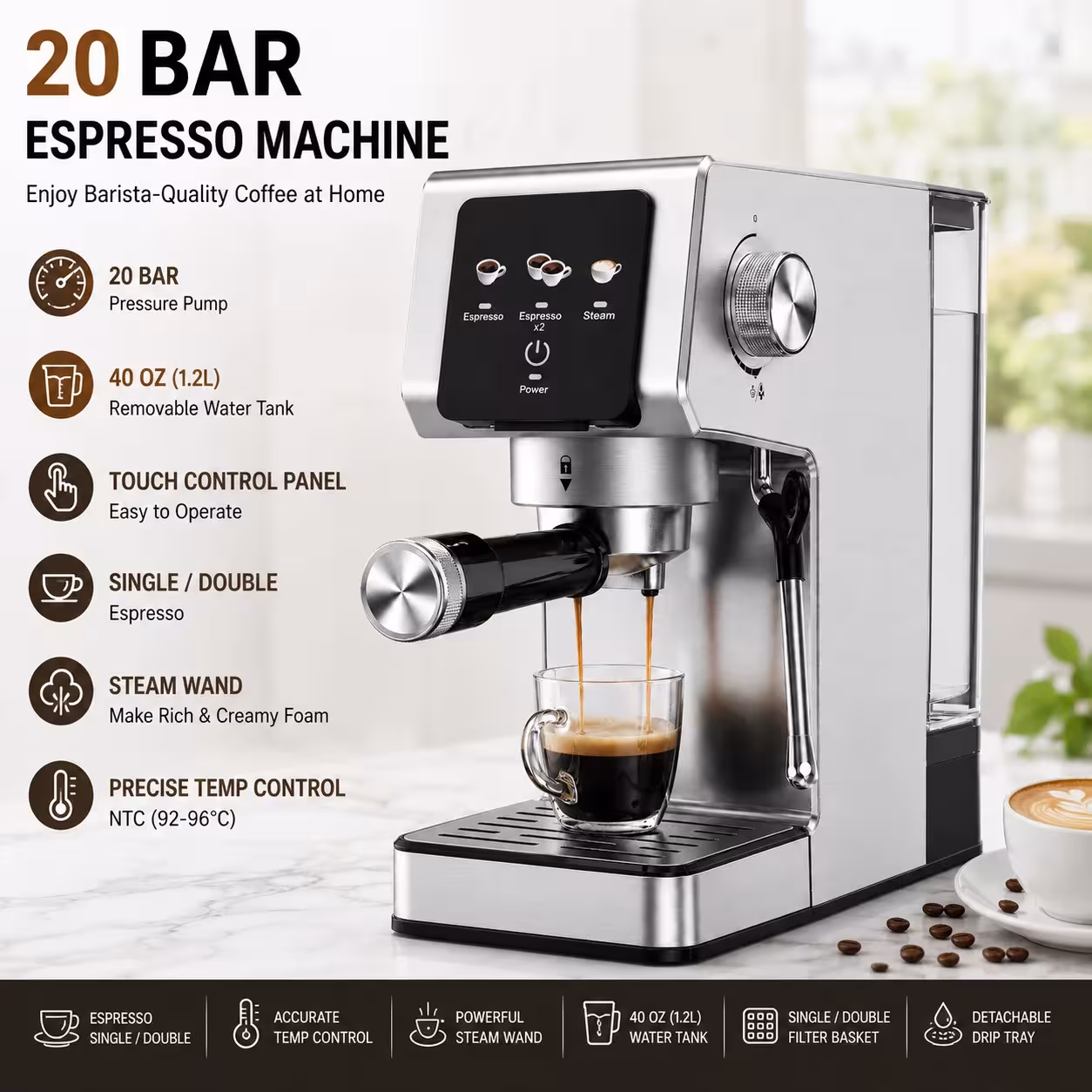 Macchina da caffè espresso 20 Bar, acciaio inossidabile, beccuccio a vapore, 1,2L
