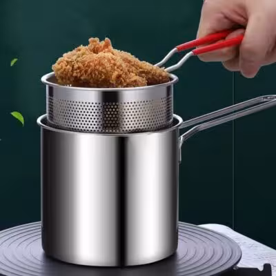Bolsa de acero inoxidable para freír con malla y recipiente, versátil para múltiples usos
