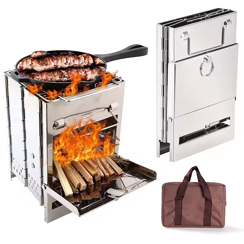 Foldable stainless steel fire pit with mini grill for camping