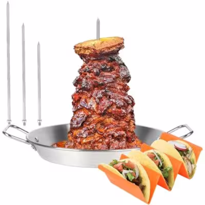 Broche verticale en acier inoxydable pour grill, idéale pour les viandes et les brochettes.