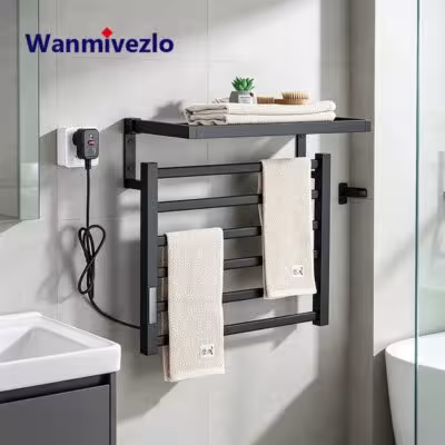 Electric Heated Towel Rack, Wall Mount Constant Temperature Towel Warmer with Top Storage Shelf, Waterproof Bathroom Drying Rail with Leakage Protection Plug 1