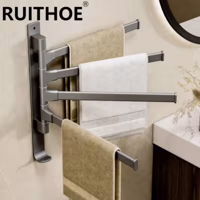 Rotatable Bathroom Towel Rack, Aluminum 1-5 Bar Wall-Mounted Towel Holder with Space-Saving Design for Kitchen and Bath 1