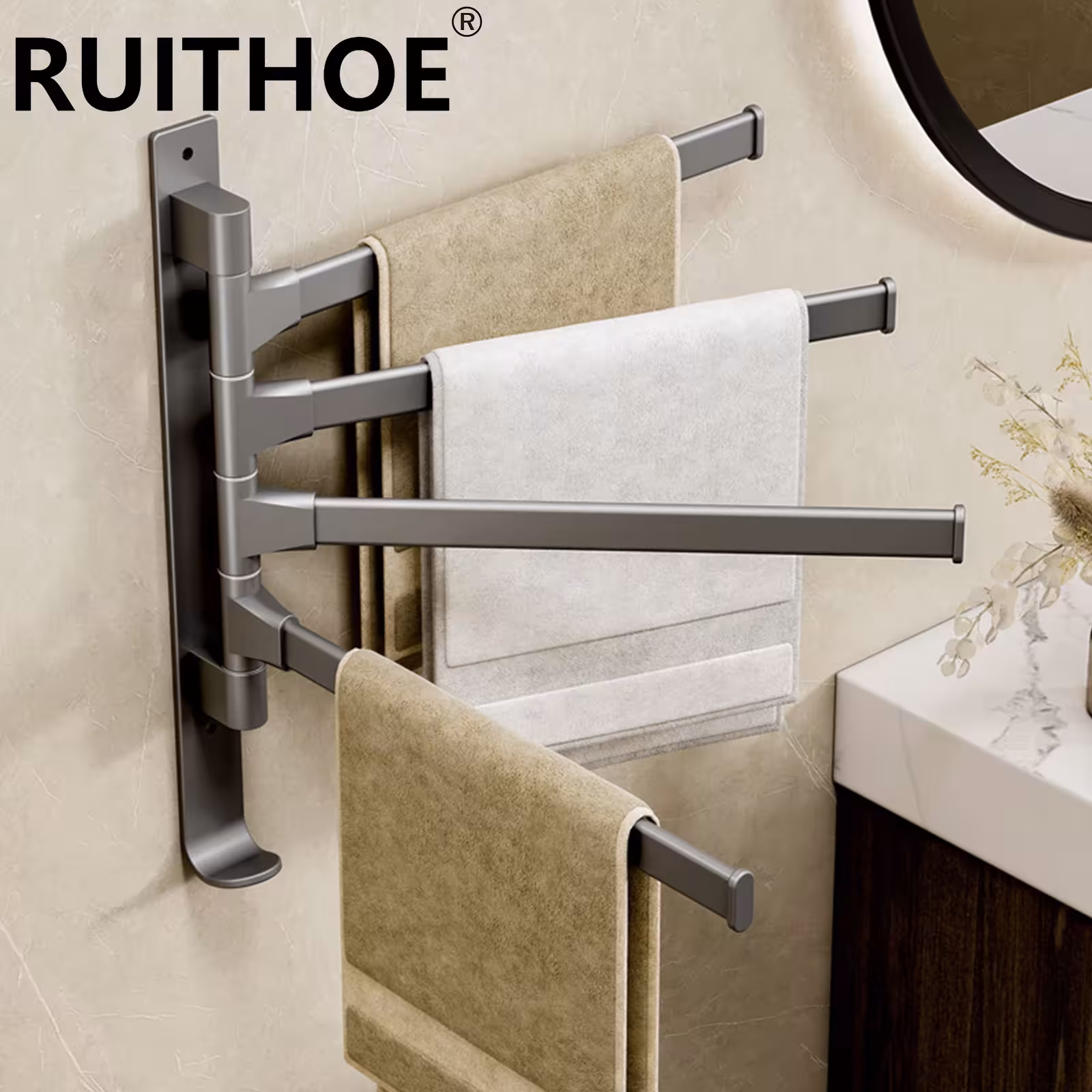Soporte para toallas giratorio de aluminio, de 1 a 5 barras, de pared, que ahorra espacio