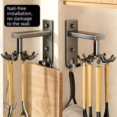 Kitchen Wall-mounted Rotating Strong Hook No Drilling Needed Multi-functional Storage Rack For Storing Pots Spatulas And Spoons 1