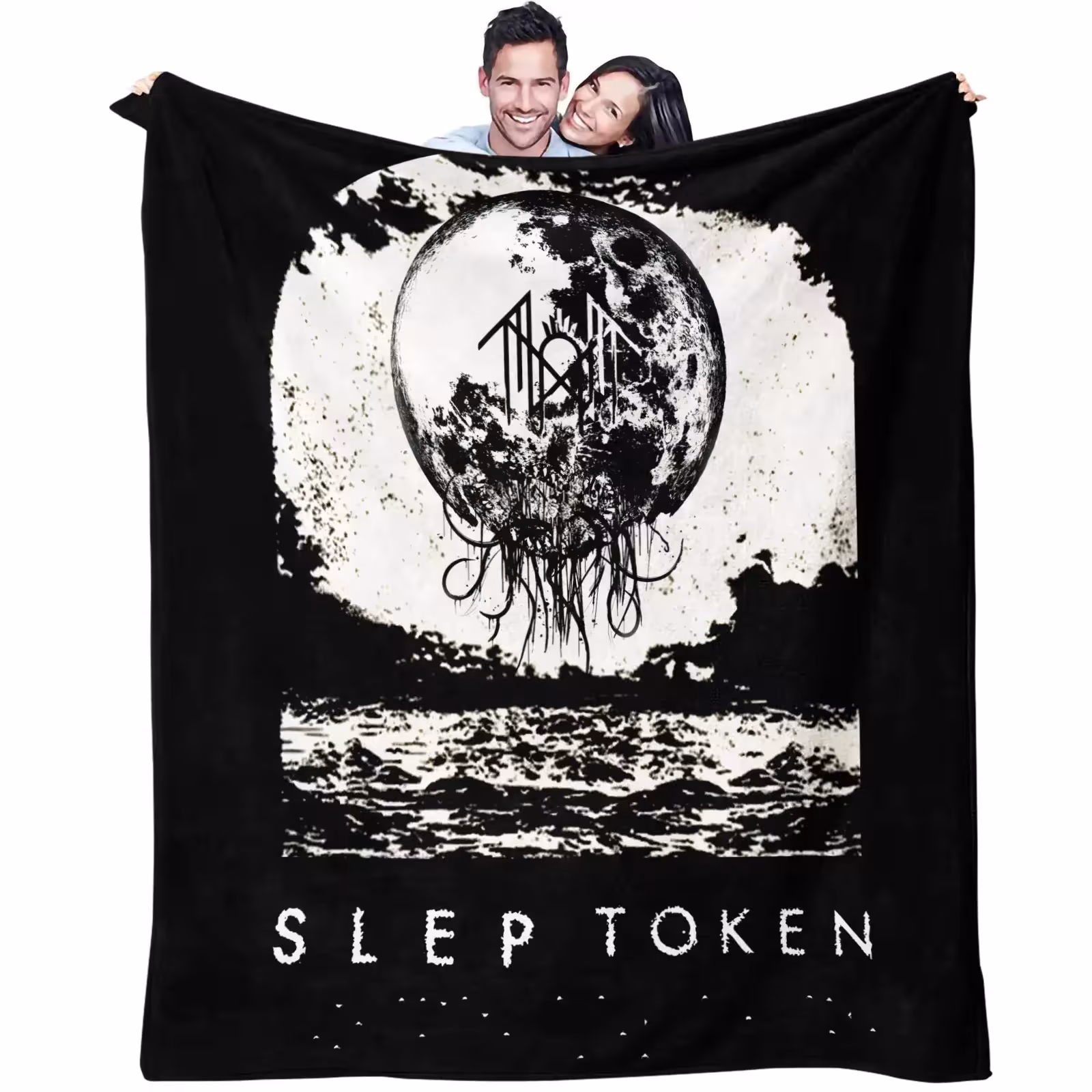 Couverture polaire Sleep Token avec motif gothique de lune et de méduse, motif noir et blanc