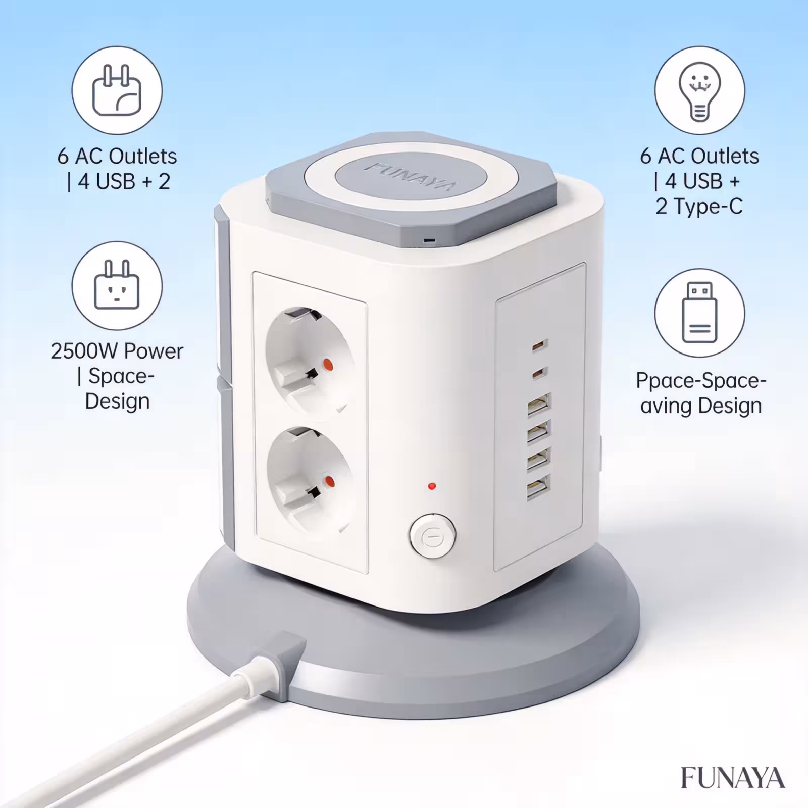 FUNAYA vertikalus bokšto tipo ilgintuvas su 6 lizdais, 4 USB-A ir 2 USB-C jungtimis