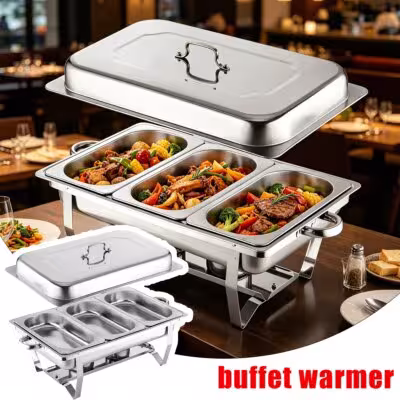 Stainless Steel Chafing Dish Buffet Set with Foldable Stand, Rectangular Food Warmer with Insulated Lid & Anti-Scald Handles, Includes Alcohol Stove Burners, Keep Food Hot or Cold Using Water Pan, 1/2/3 Compartments Optional 1