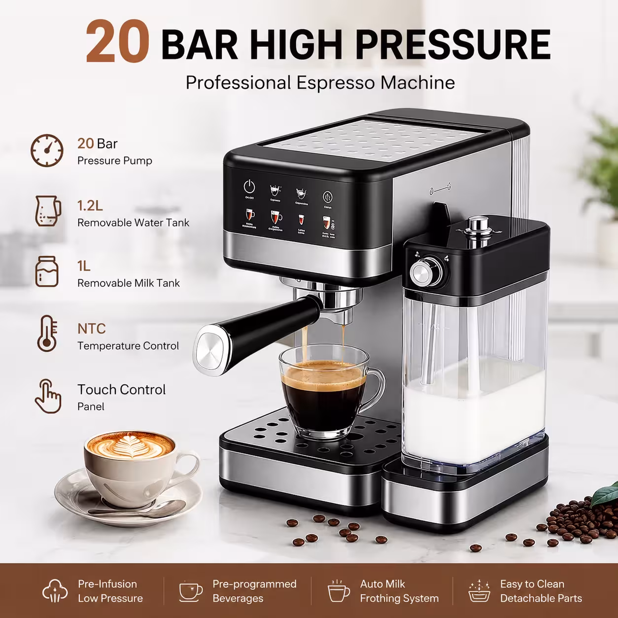 Espresso kavos aparatas su automatiniu pieno putotuvu, 20Bar, NTC temperatūros kontrolė, juodas