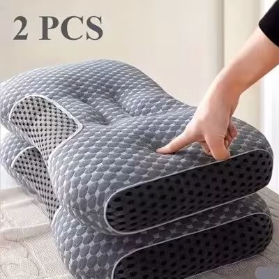 Orthopedic neck pillow with massage, 2 pieces, adjustable, removable zippered cover