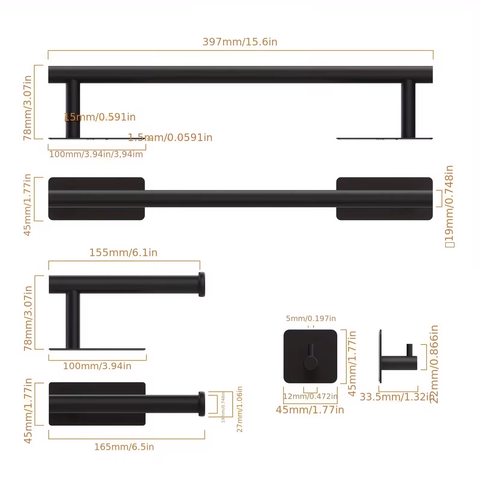 bathroom accessory set, no drilling required