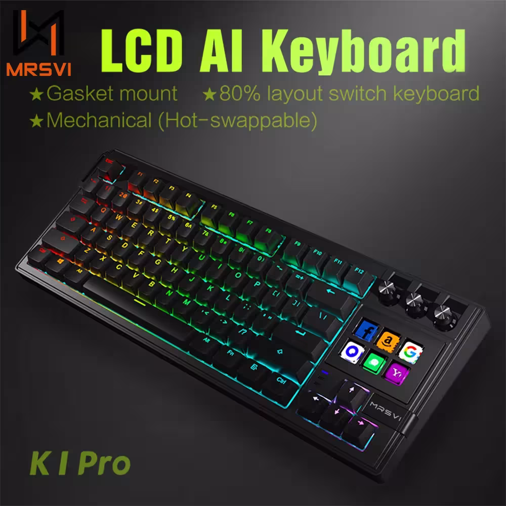 Tastiera da gaming meccanica MRSVI K1 PRO, formato 80% con schermo LCD, illuminazione RGB, switch Red, cablata, cavo rimovibile
