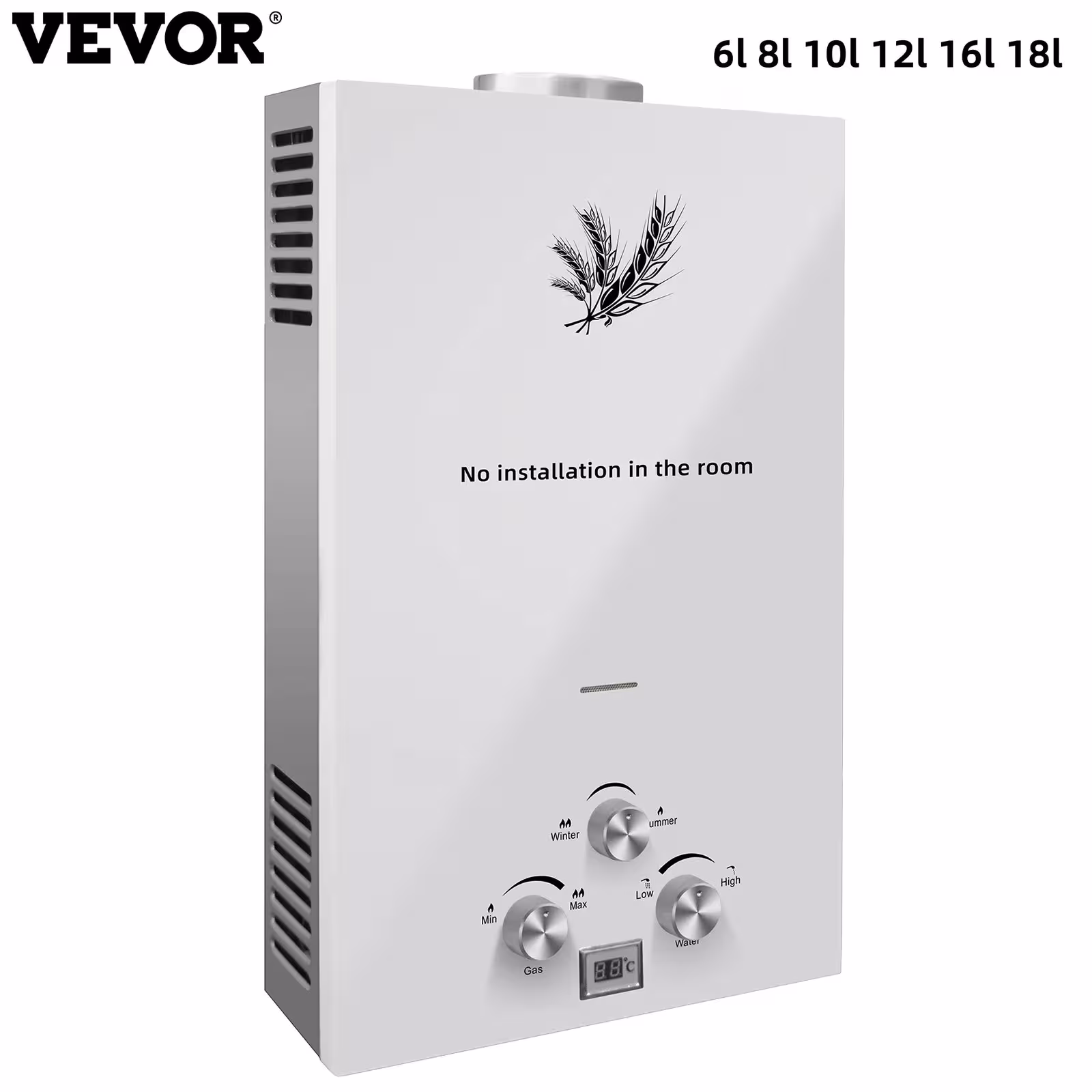 Chauffe-eau gaz LPG VEVOR 6-18L avec écran LED, mural, sans réservoir