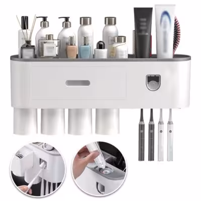 Wall-Mounted Bathroom Toothbrush Holder, Automatic Toothpaste Dispenser Kit with 4 Cups, Family Set Toothbrush Holder,  Easy To Install, Space Saving 1