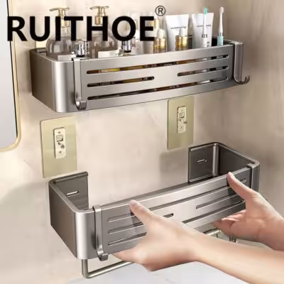 High Quality Wall Mounted Rectangular Rack Bathroom Storage Rack Towel Rack Wall Shower Shampoo Rack Drill Free Rack 1