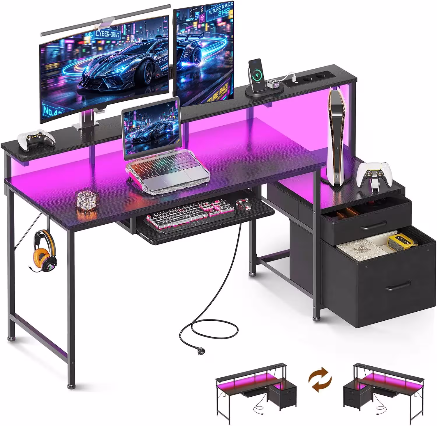 Bureau de jeu Coleshome avec étagères, bande LED et support pour moniteur, 140x48 cm, noir