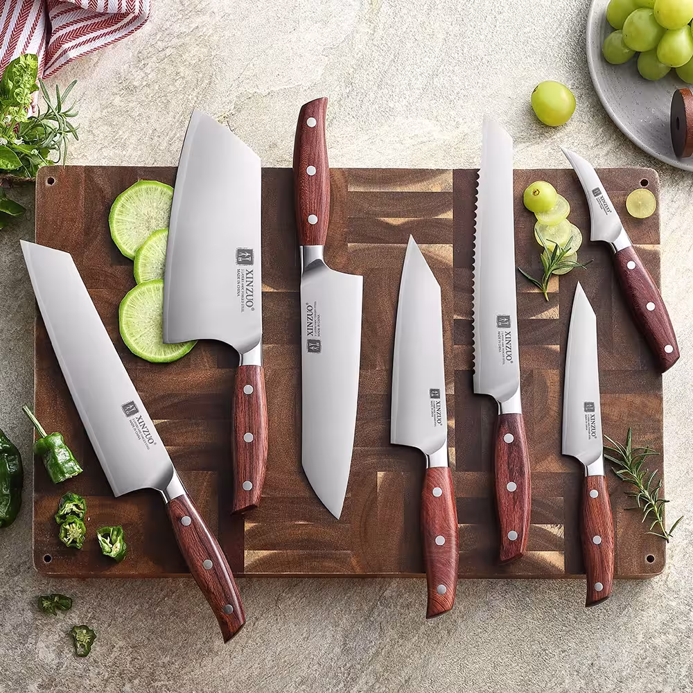 XINZUO kitchen knife set 1-7 pieces, 3-layer 440C stainless steel, wooden handle.