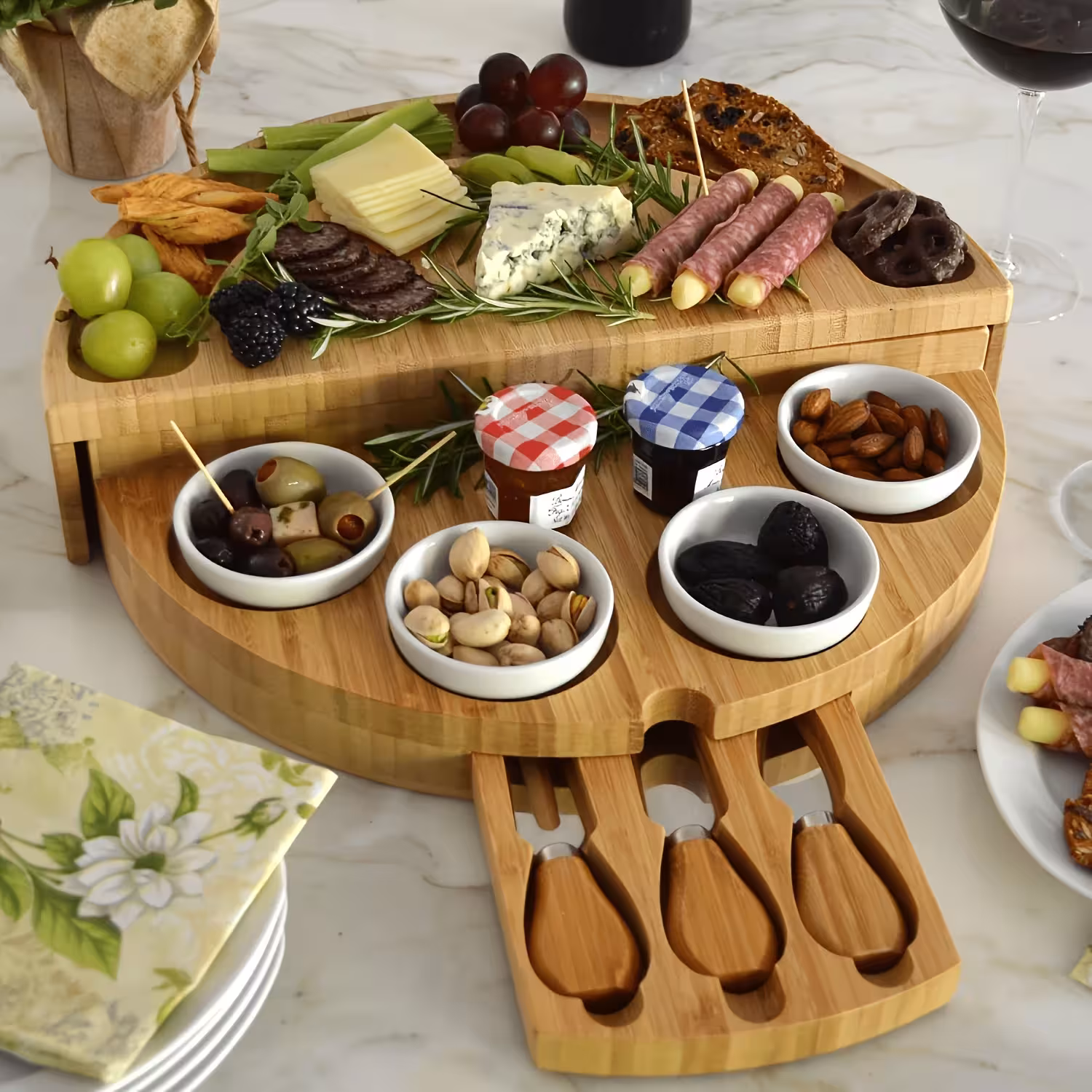 Portable bamboo cheese board with knife and fork, rectangular serving plate
