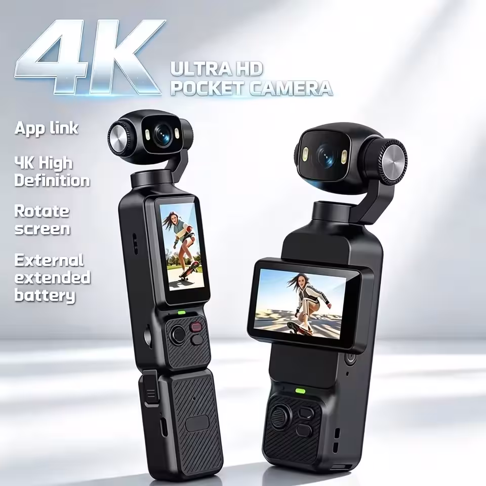 Caméra d'action 4K avec stabilisateur et objectif rotatif à 180° et éclairage