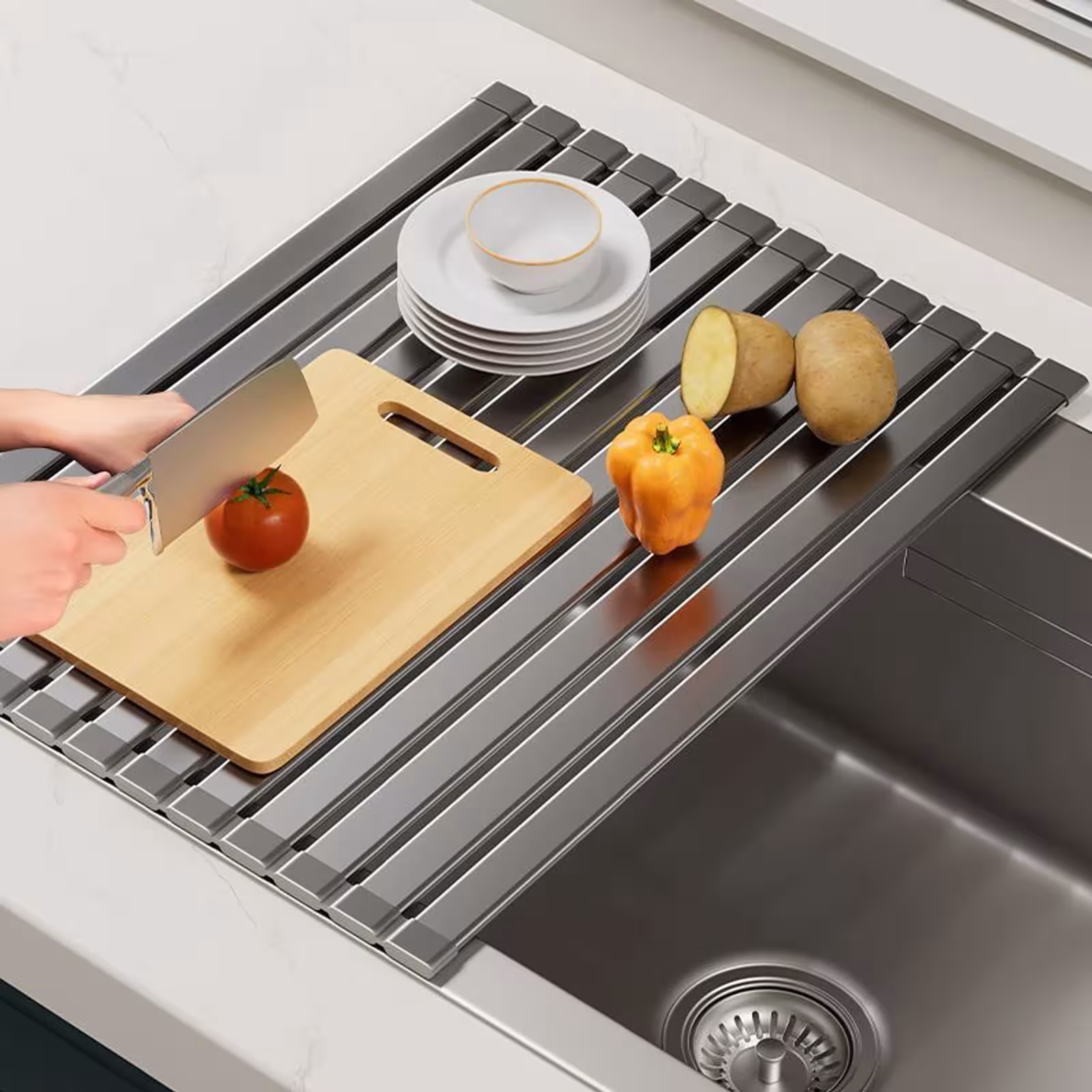Foldable dish drying rack for sink, adjustable height and heat resistant