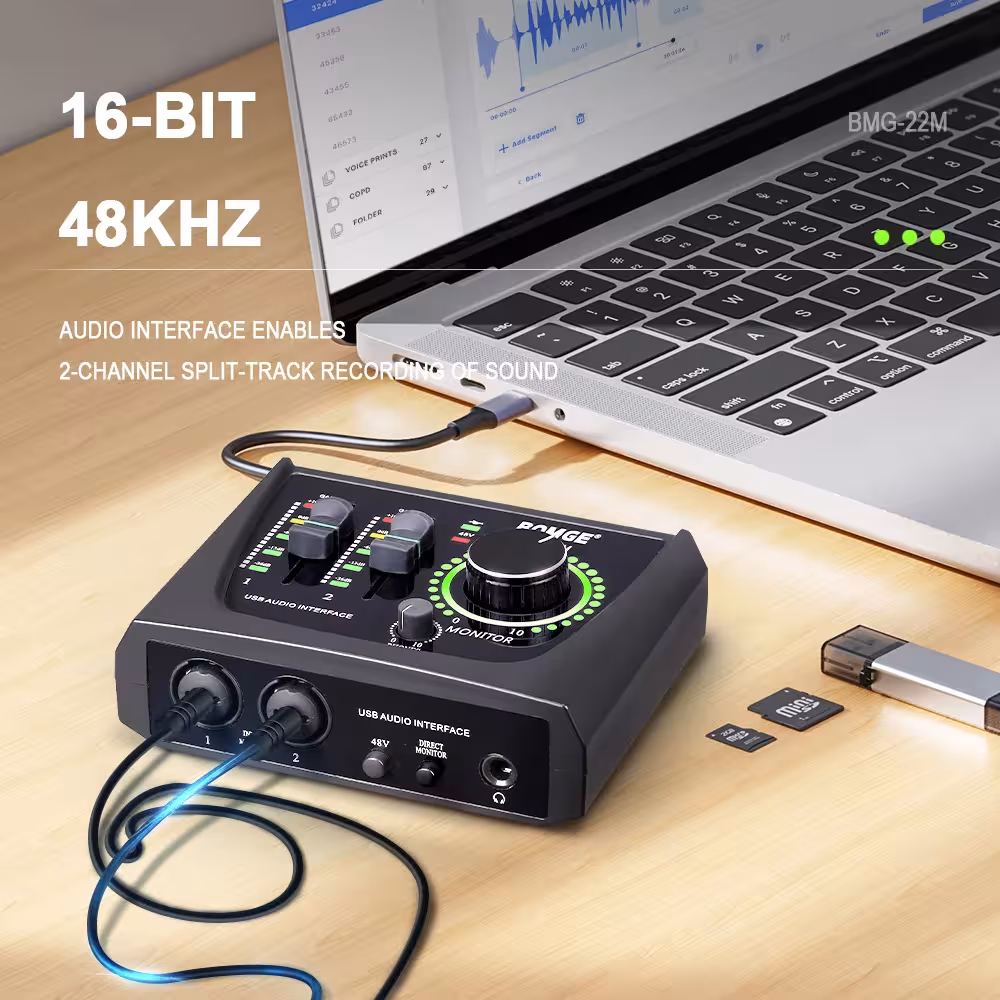 Scheda audio USB mini BOMGE 22M a 2 canali con XLR, 6,35mm e alimentazione phantom 48V