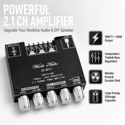 WOOPKER ZK-MT21 2.1 Channel Subwoofer Bluetooth 5.0 Digital Power Amplifier Board 2x50W+100W Sound Module AUX 12V/24V 1