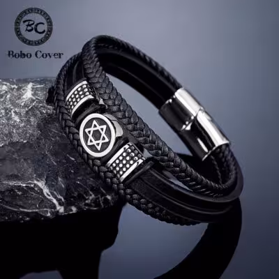 Bracciale da uomo con Stella di David in acciaio inossidabile con cinturino in pelle