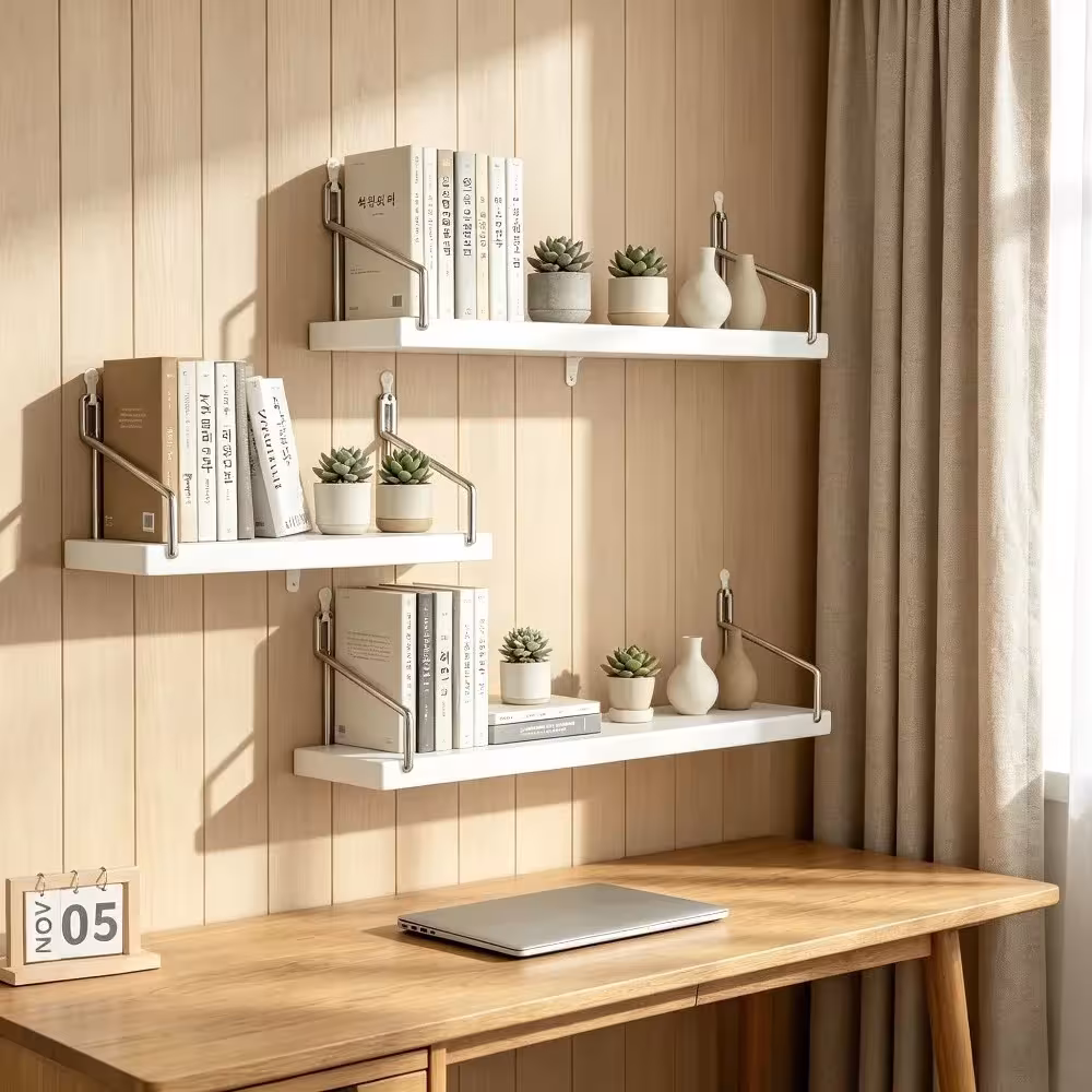 3 estantes de pared sin taladro, estantes de madera colgantes para salón y dormitorio