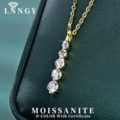 Moissanite pakabukas su 5 akmenimis, 14K auksuotas ilgas kaklo papuošalas moterims